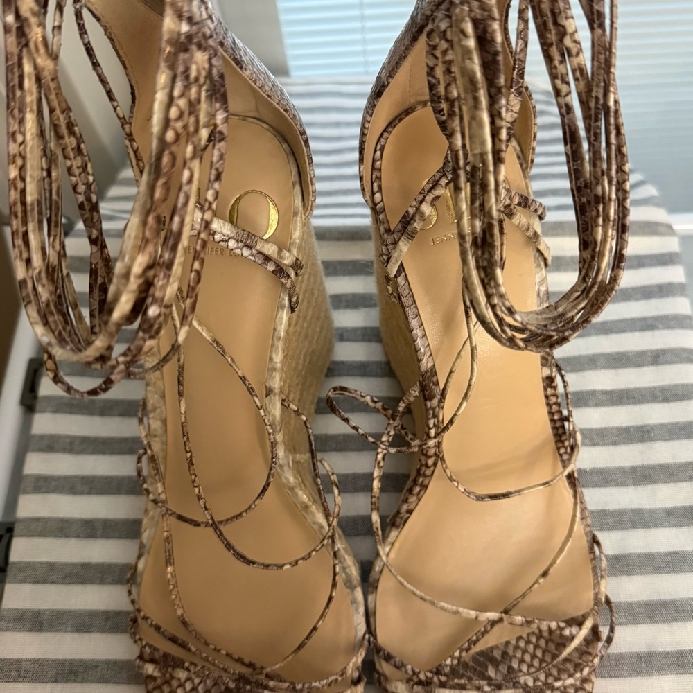 Jennifer Lopez Brown Snake-Print Strappy Heels